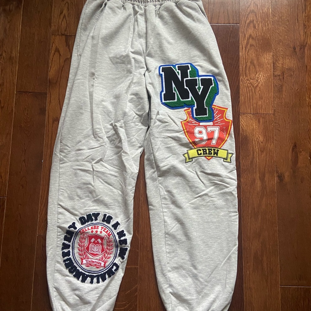 Bershka Gray Track Pants with Colorful Patches